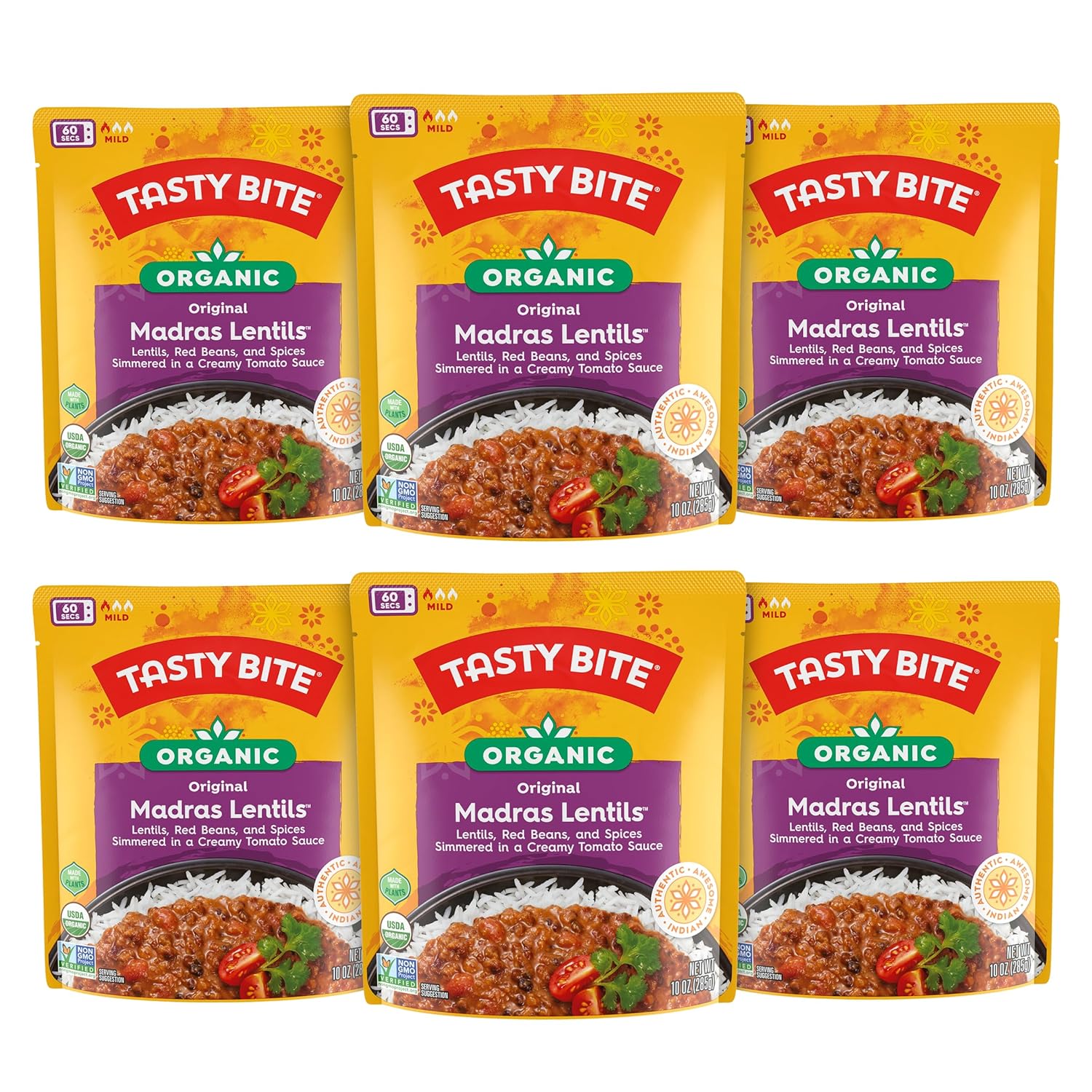 Tasty Bite Organic Madras Lentils, 10 Ounce, Pack of 6, Ready to Eat, Microwavable Entree, Vegetarian