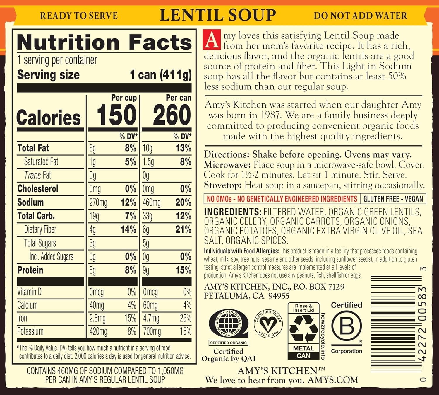 Amy’s Soup, Vegan Lentil Soup, Light in Sodium, Gluten Free, Made With Organic Green Lentils and Vegetables, Canned Soup, 14.5 Oz (12 Pack)