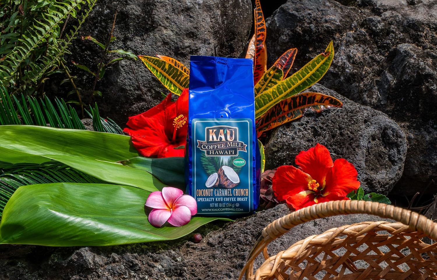 Ka'u Coffee Mill Handcrafted Coconut Caramel Crunch Flavored Coffee - Pure Kau Cafe from Hawaii Grown Arabica Beans - Gourmet Small Batch - 10oz