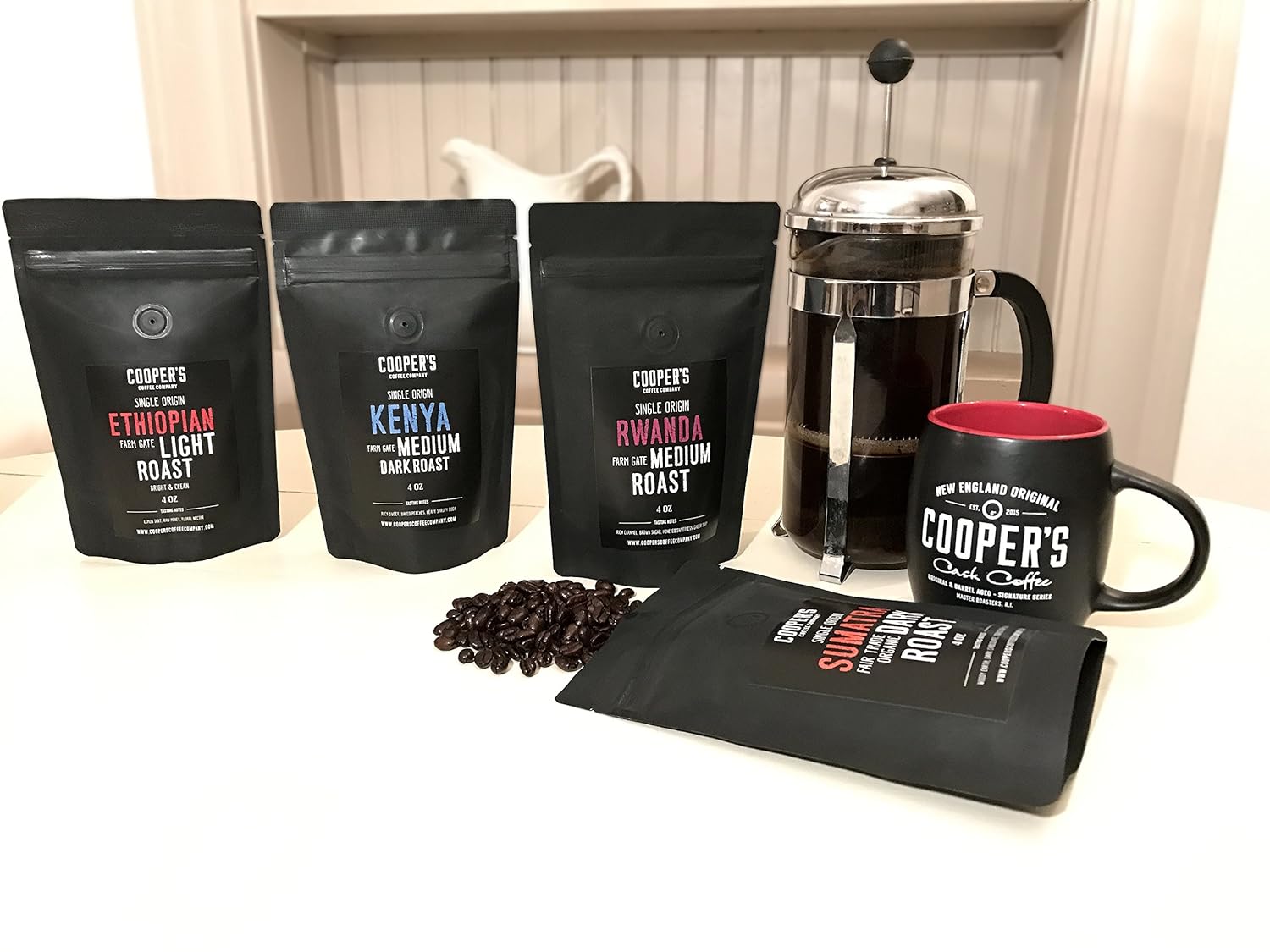 Gourmet Coffee Sampler Gift Box Set - Whole Bean Coffee - 4 Bags 1Lb Total and Cold Brew Coffee Box Set - Colombian, Peruvian, Guatemalan Ground Coarse for Cold Brew - 6 Filter Bags Included - 1.5 lbs