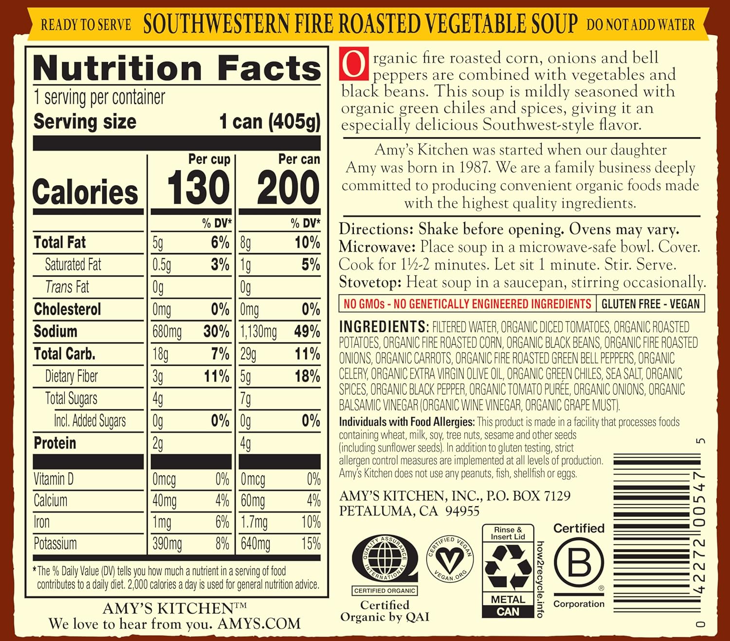 Amy’s Soup, Vegan Fire Roasted Southwestern Vegetable Soup With Organic Black Beans, Gluten Free, Canned Soup, 14.3 Oz (12 Pack)