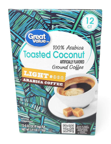 Great Value Toasted Coconut Artificially Flavored Ground Coffee - Light Arabica Coffee 12 counts Net WT 3.9 OZ (112g)
