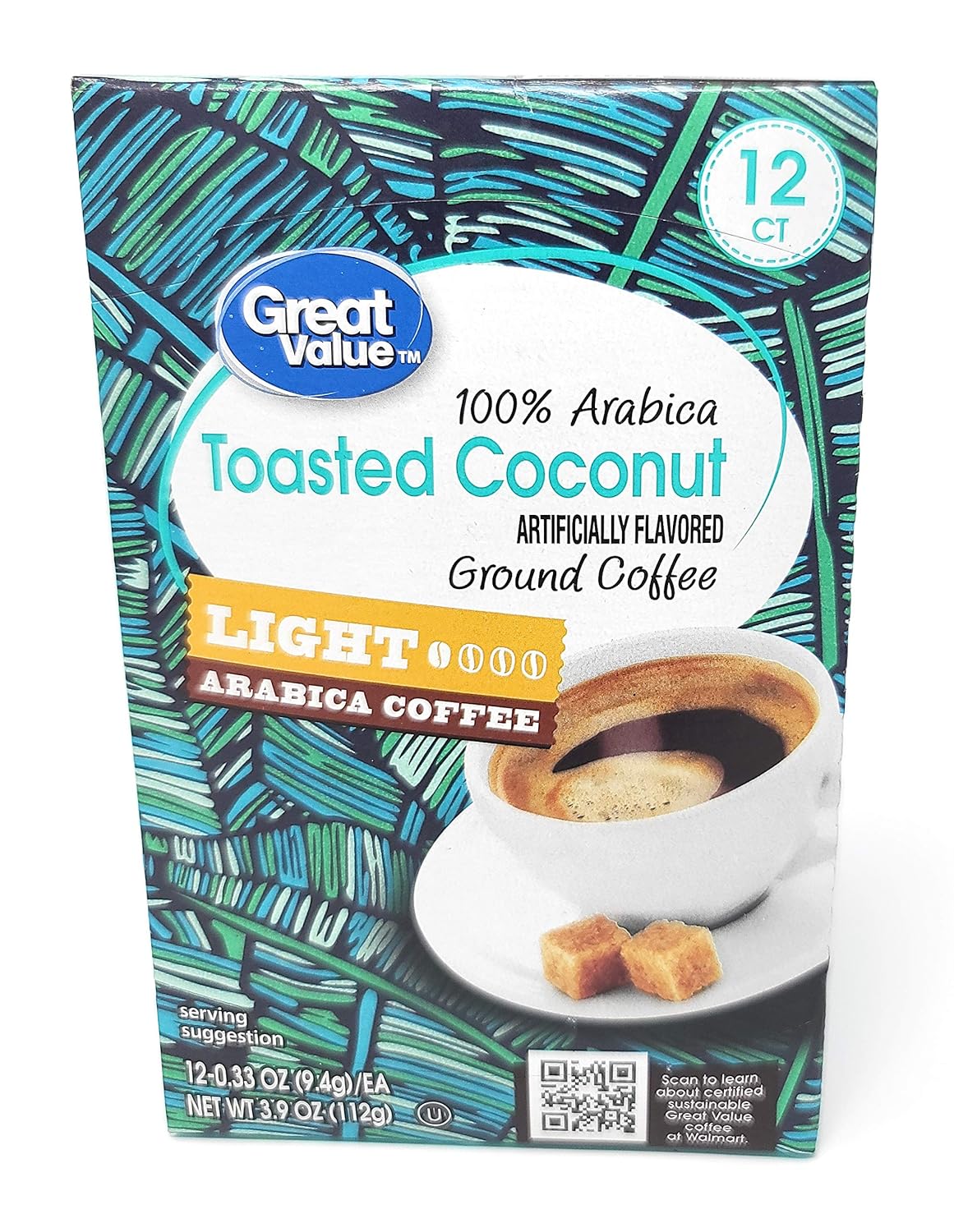 Great Value Toasted Coconut Artificially Flavored Ground Coffee - Light Arabica Coffee 12 counts Net WT 3.9 OZ (112g)