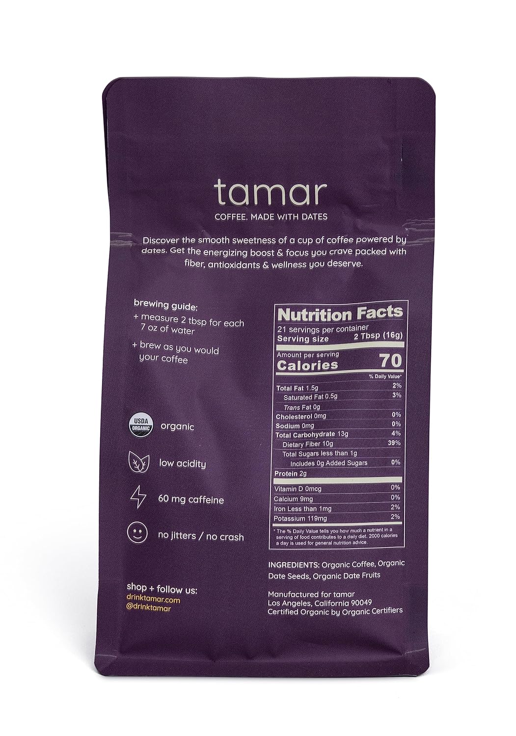Date Coffee by Tamar | Discover The Smooth Sweetness Of Coffee Powered By Dates | Unique Organic Coffee & Organic Dates Blend, Low Acid, Medium Roast (12oz/21 servings)
