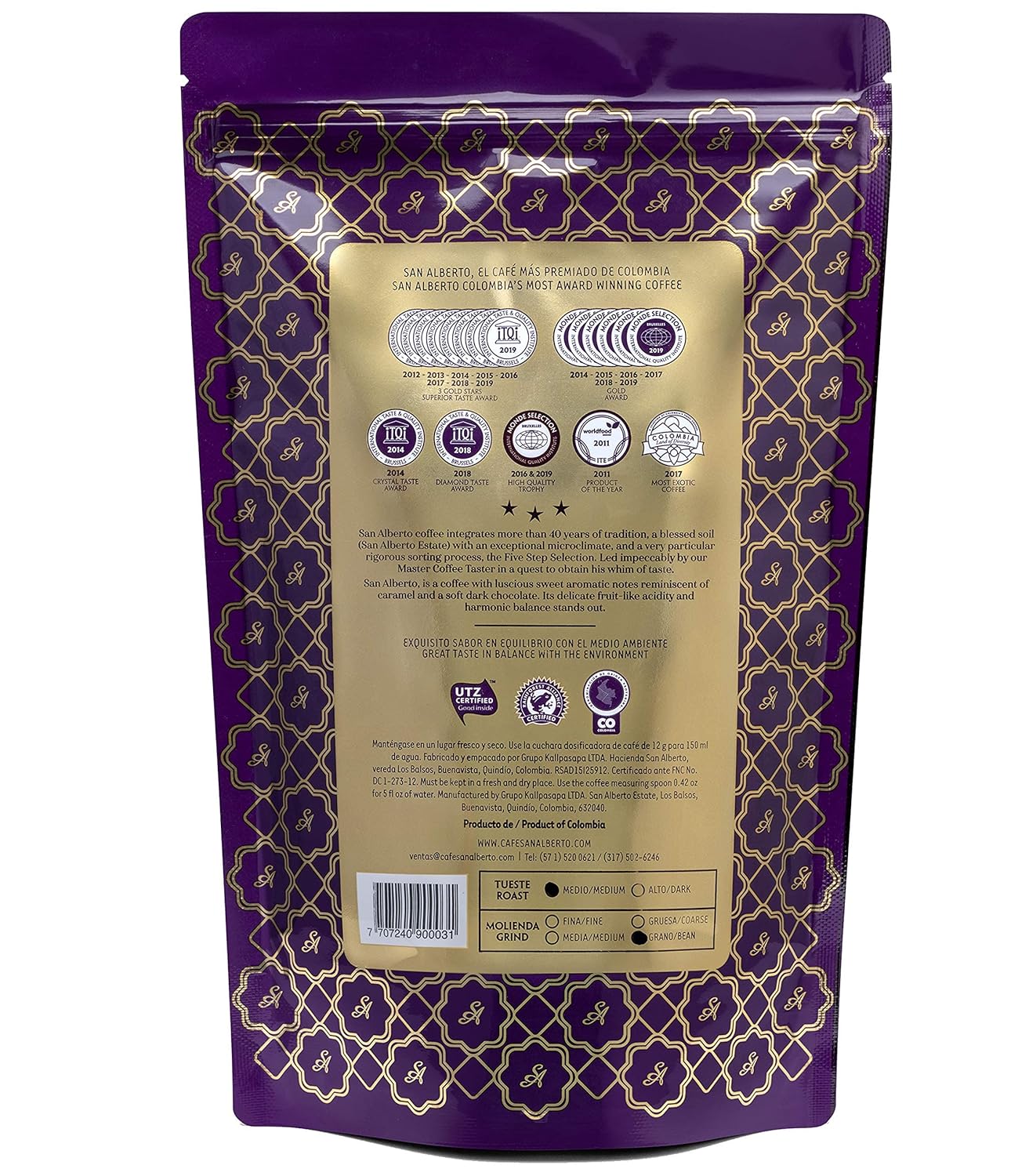 San Alberto Ground Coffee - Single Origin & Specialty Colombian Arabica Coffee, Medium Roast with Caramel & Dark Chocolate Notes - 12 oz