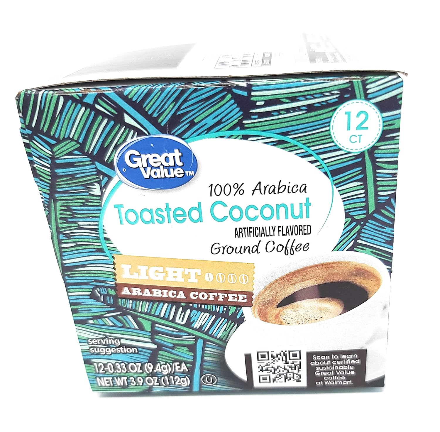 Great Value Toasted Coconut Artificially Flavored Ground Coffee - Light Arabica Coffee 12 counts Net WT 3.9 OZ (112g)