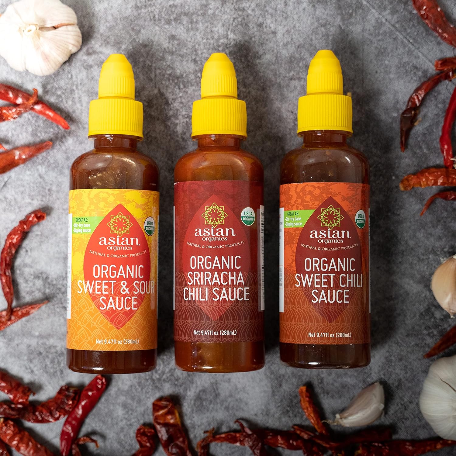 Asian Organics Sauces Variety Pack – Thai Sweet Chili, Sweet & Sour Sauce, Sriracha Chili Sauce, USDA Organic, Non-GMO, Gluten-Free, Made in Thailand, 9.47oz Each