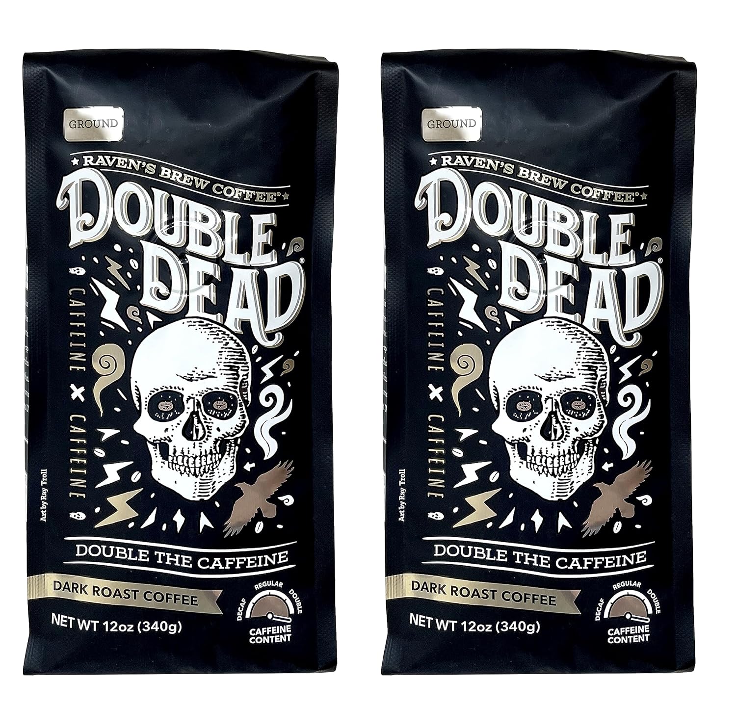 Raven's Brew Coffee High Caffeine Coffee Dark Roast Ground - Double Dead 2-pack of 12oz