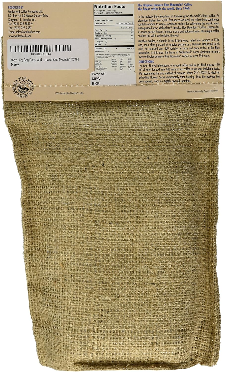 Roasted and Ground 100% Jamaica Blue Mountain Coffee, 16oz (1lb) Bag